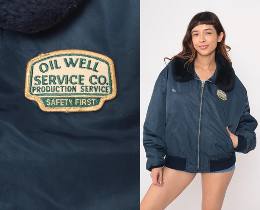 80s Navy Bomber Jacket Oil Well Service Embroidered Ken Patch XXL