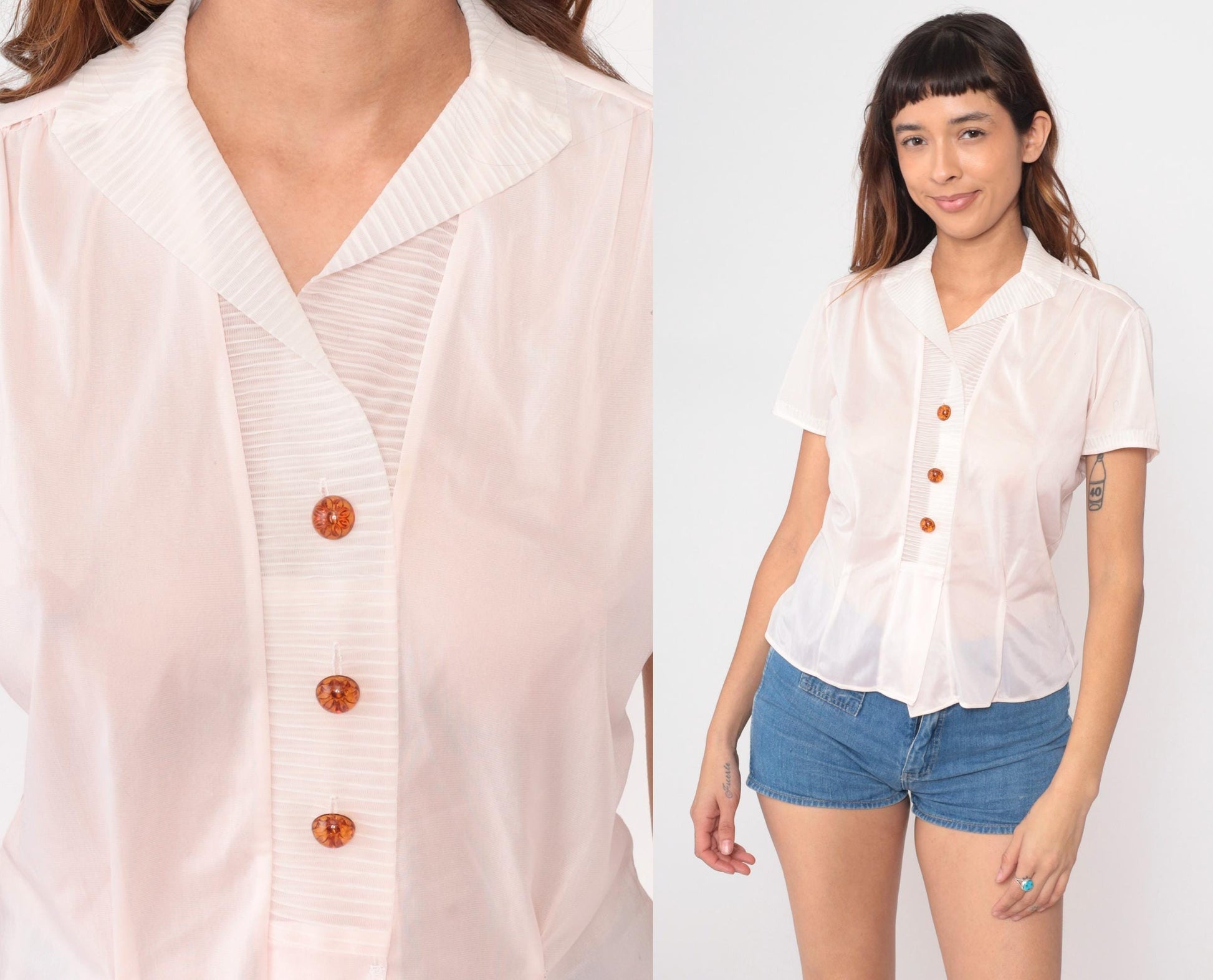 60s Diane Young Baby Pink Nylon Nightie V-Neck Button Front Lounge Top Large L