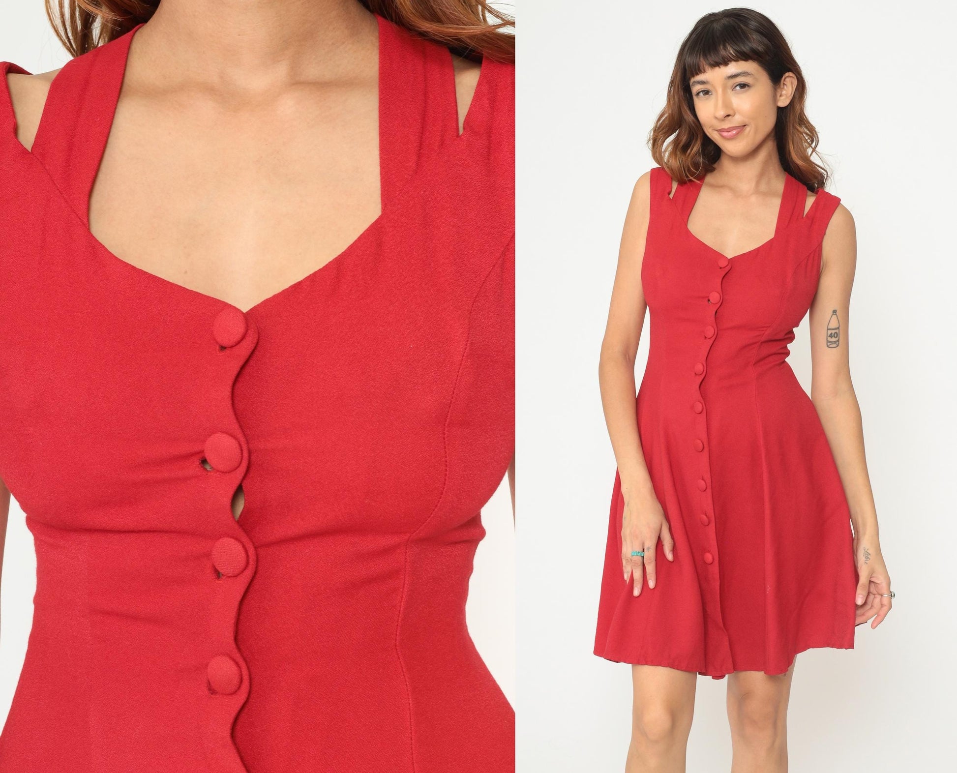 90s Tomato Red Mini Dress Cross-Back Button Front Sweetheart Neckline Small