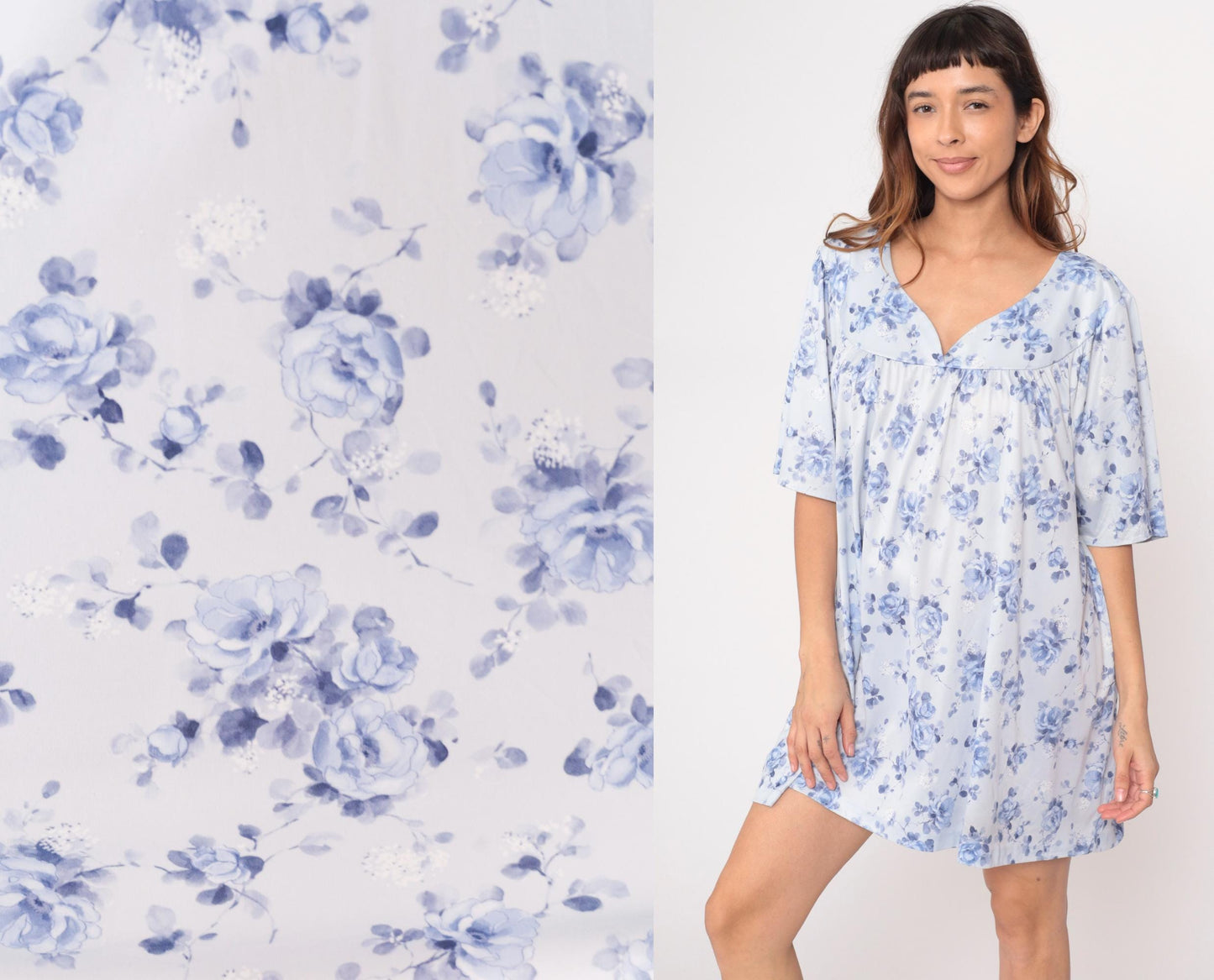 90s Blue Floral Nightgown White Peter Pan Collar Short Sleeve Plus Size XXL