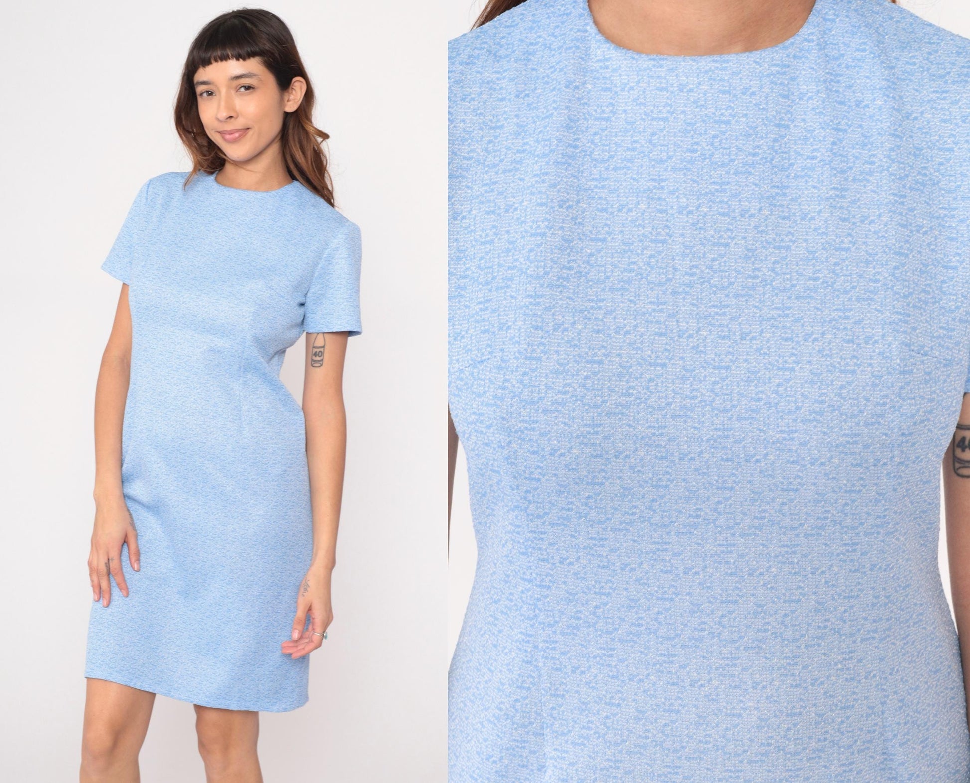 70s Light Blue Shift Dress Knee Length Short Sleeve Crew Neck Medium M