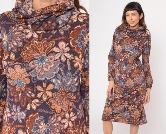 70s Brown Navy Paisley Floral Turtleneck Dress Knee-Length Small
