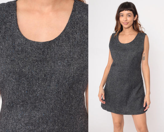 90s Mary Jane Marcasiano Wool Mini Dress Charcoal Sleeveless Medium