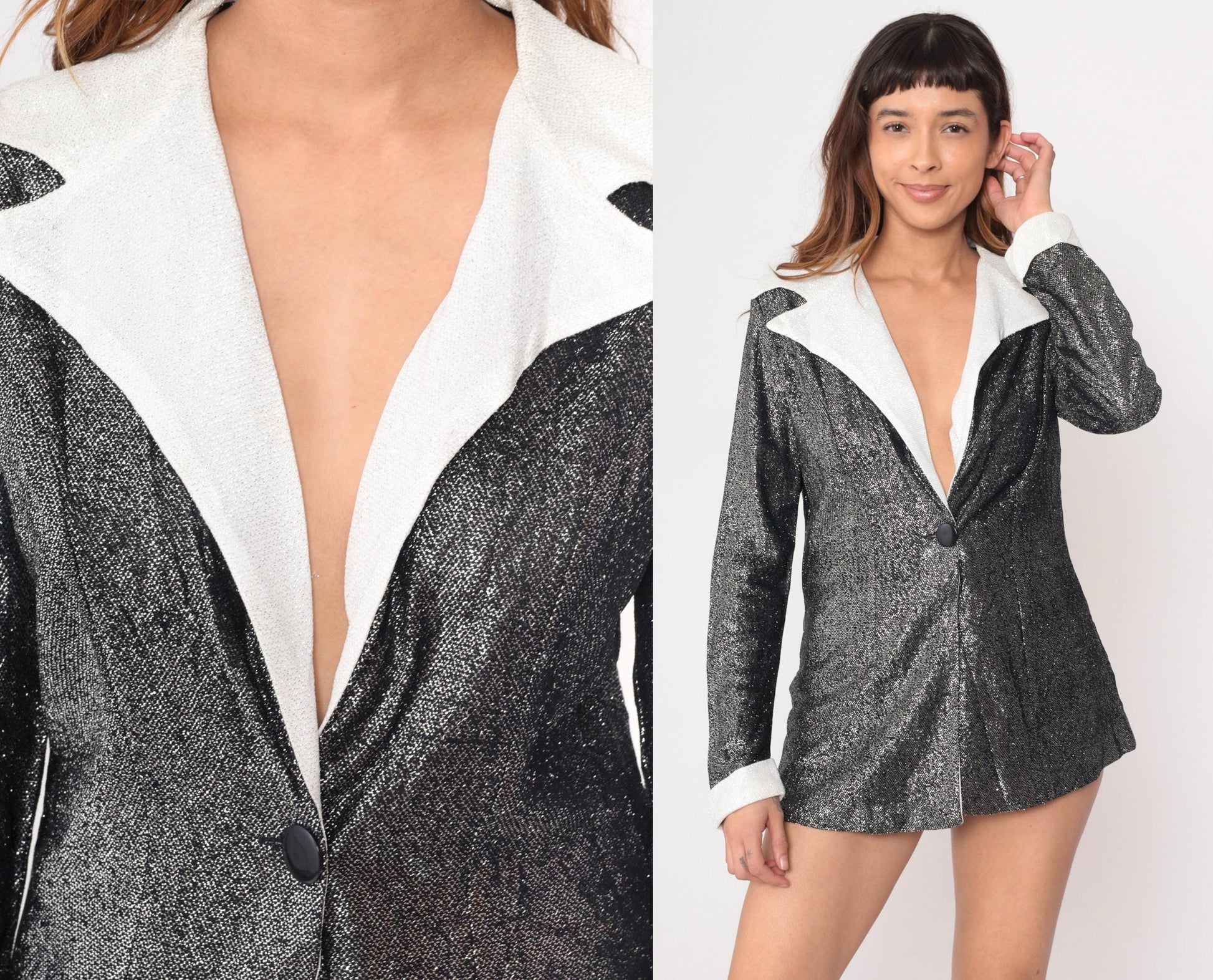 70s Fingerhut Fashions Metallic Blazer Silver White Collar Tuxedo Medium M