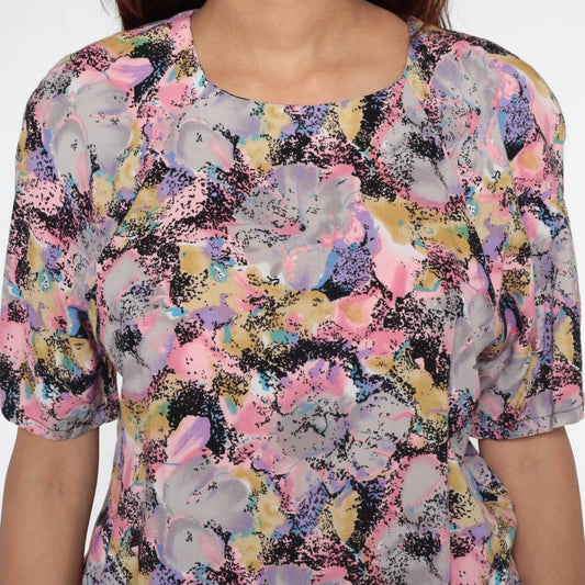 90s Floral Rayon Top Pastel Watercolor Print Scoop Neck Short Sleeve Small
