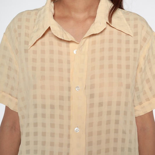 90s Denis Battochio Cream Gingham Button-Up Shirt Short Sleeve Medium M