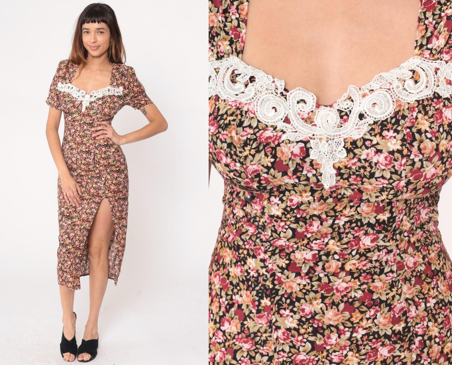 90s Floral Midi Dress Sweetheart Neckline Lace Trim Black Pink Small S