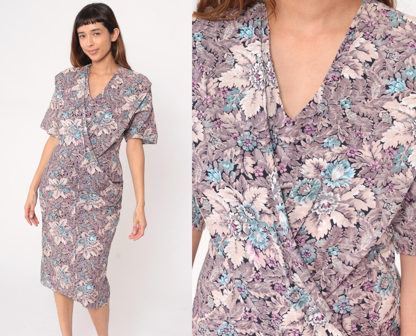 90s Pea Patch Floral Knee-Length Dress V-Neck Cotton Grey Medium