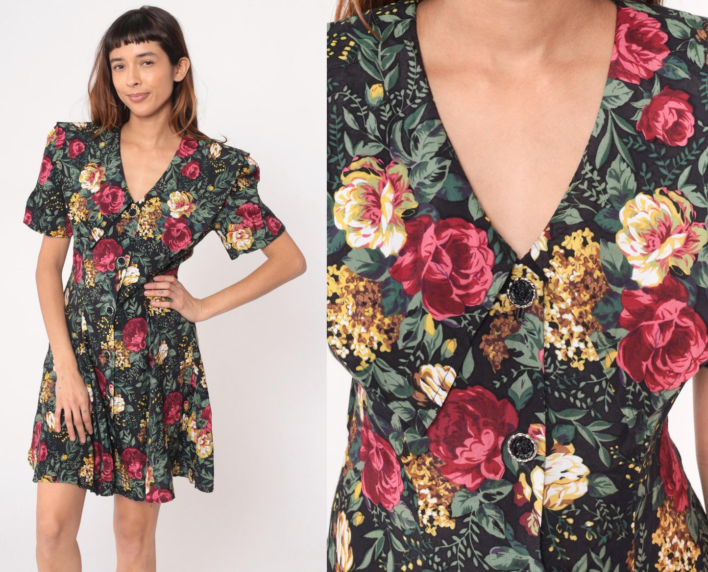 90s All That Jazz Floral Mini Dress Black Button Front V Neck Puff Sleeve Large