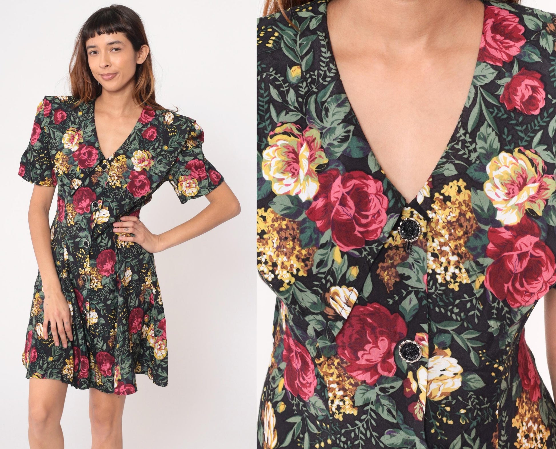 90s All That Jazz Floral Mini Dress Black Button Front V Neck Puff Sleeve Large
