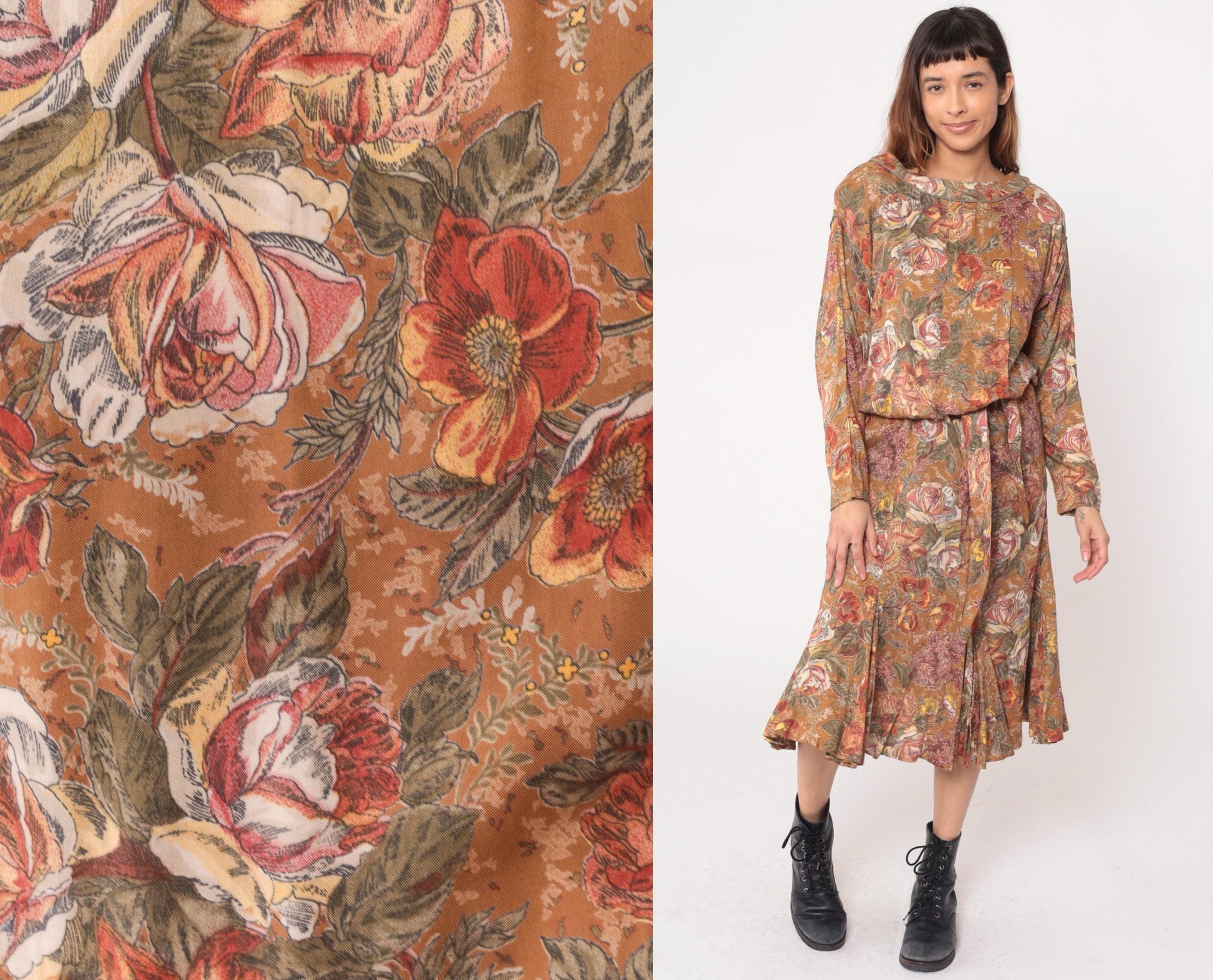 90s Carole Little Floral Midi Dress Long Sleeve Blouson Waist Brown Medium