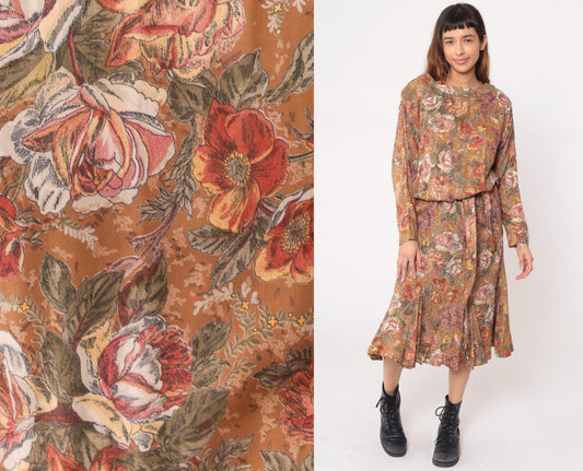 90s Carole Little Floral Midi Dress Long Sleeve Blouson Waist Brown Medium