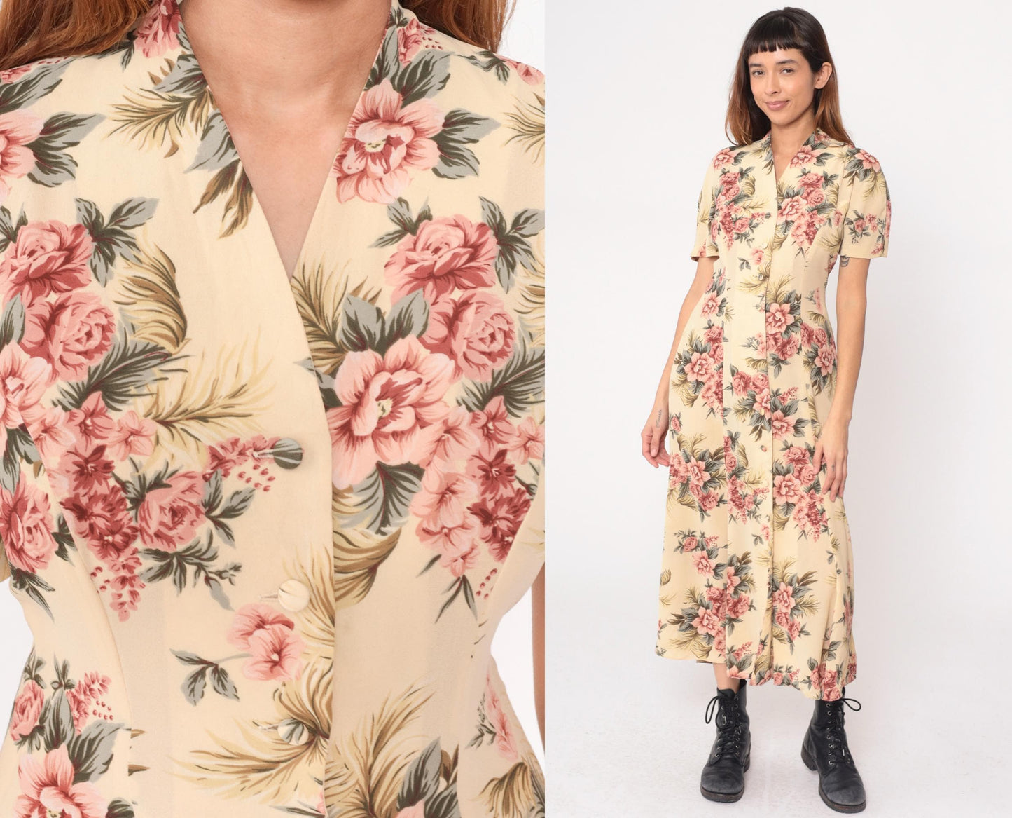 90s Yellow Floral Maxi Dress Pink Roses V-Neck Short Sleeve Medium