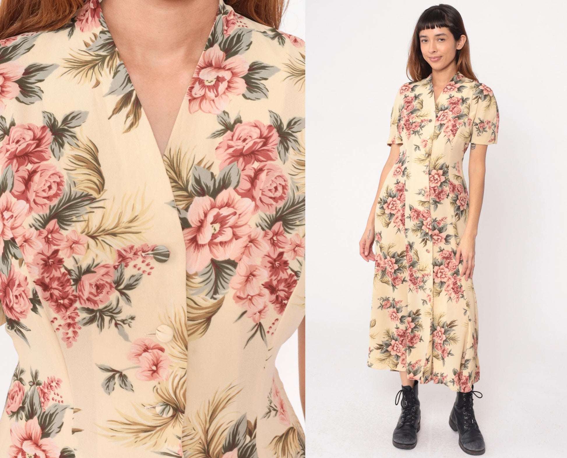 90s Yellow Floral Maxi Dress Pink Roses V-Neck Short Sleeve Medium