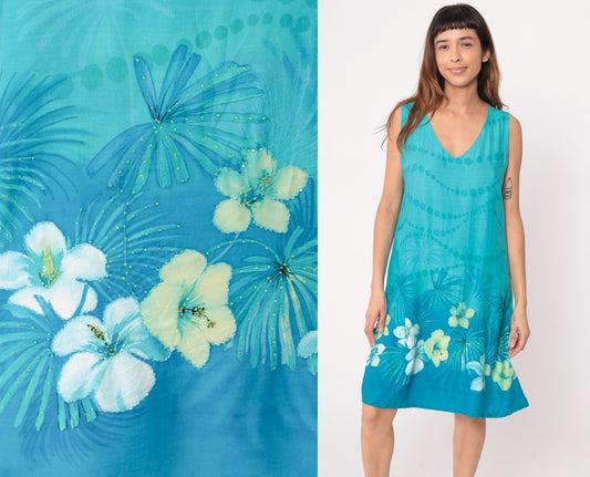 Y2K Hi Lites Hawaiian Dress Tropical Print Turquoise Knee Length Large L