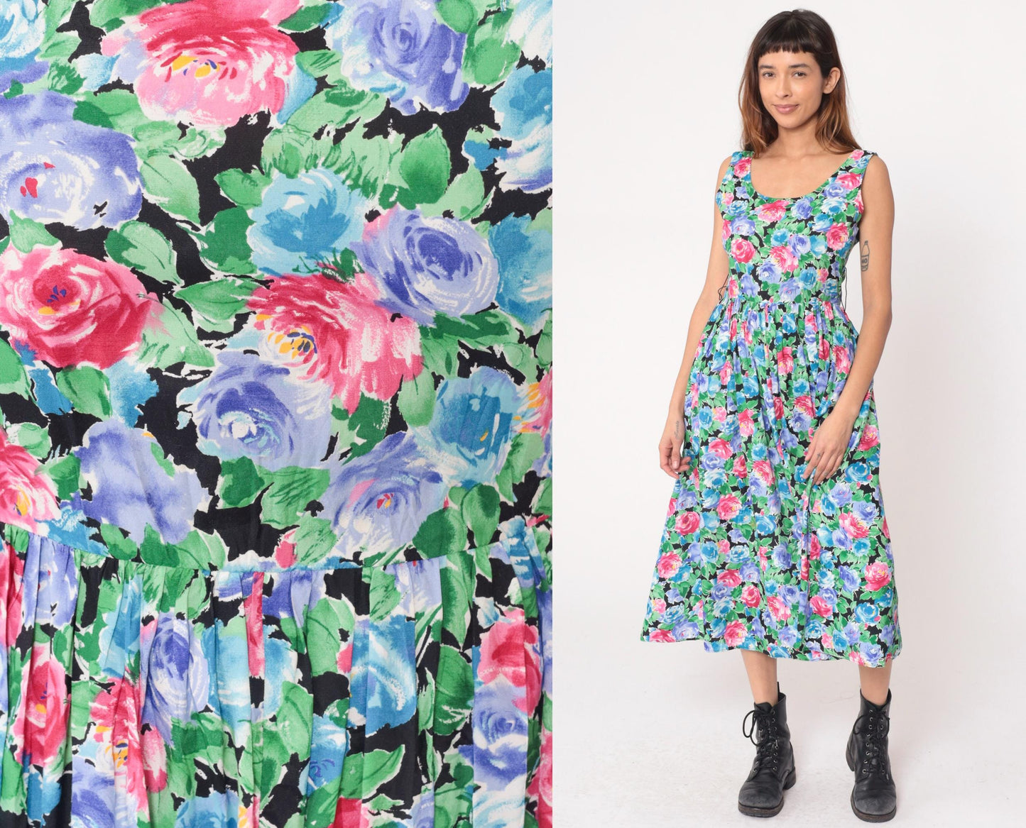 90s Warren Z Floral Maxi Dress Watercolor Rose Print Sleeveless Small
