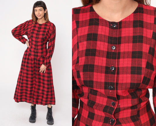 90s Phool Buffalo Plaid Maxi Dress Red Black Check Button Front Medium M