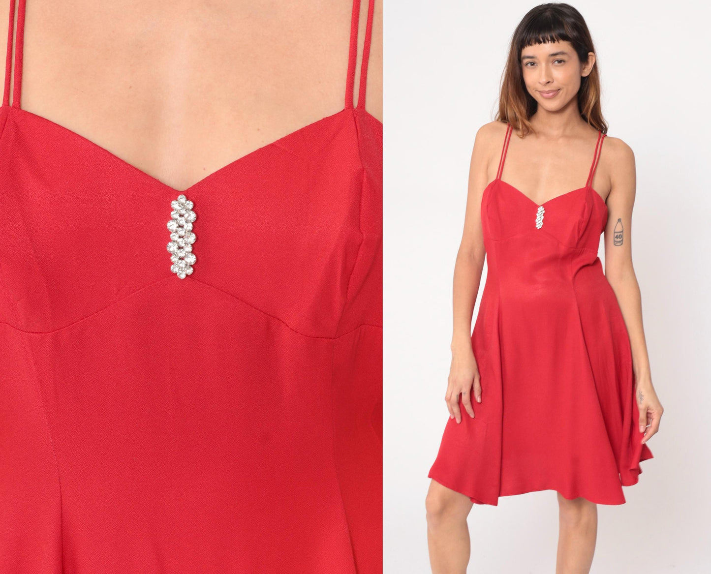 90s Red Mini Dress Sweetheart Neckline Rhinestone Filigree Ltd Medium M