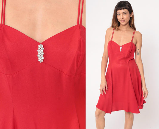 90s Red Mini Dress Sweetheart Neckline Rhinestone Filigree Ltd Medium M