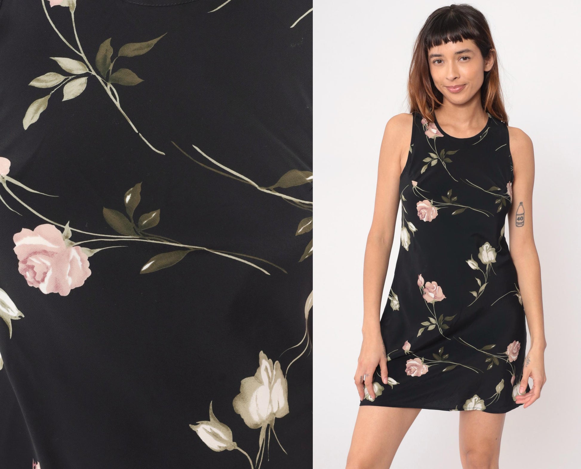 90s Sense Floral Mini Dress Black Pink Rose Keyhole Back Medium M