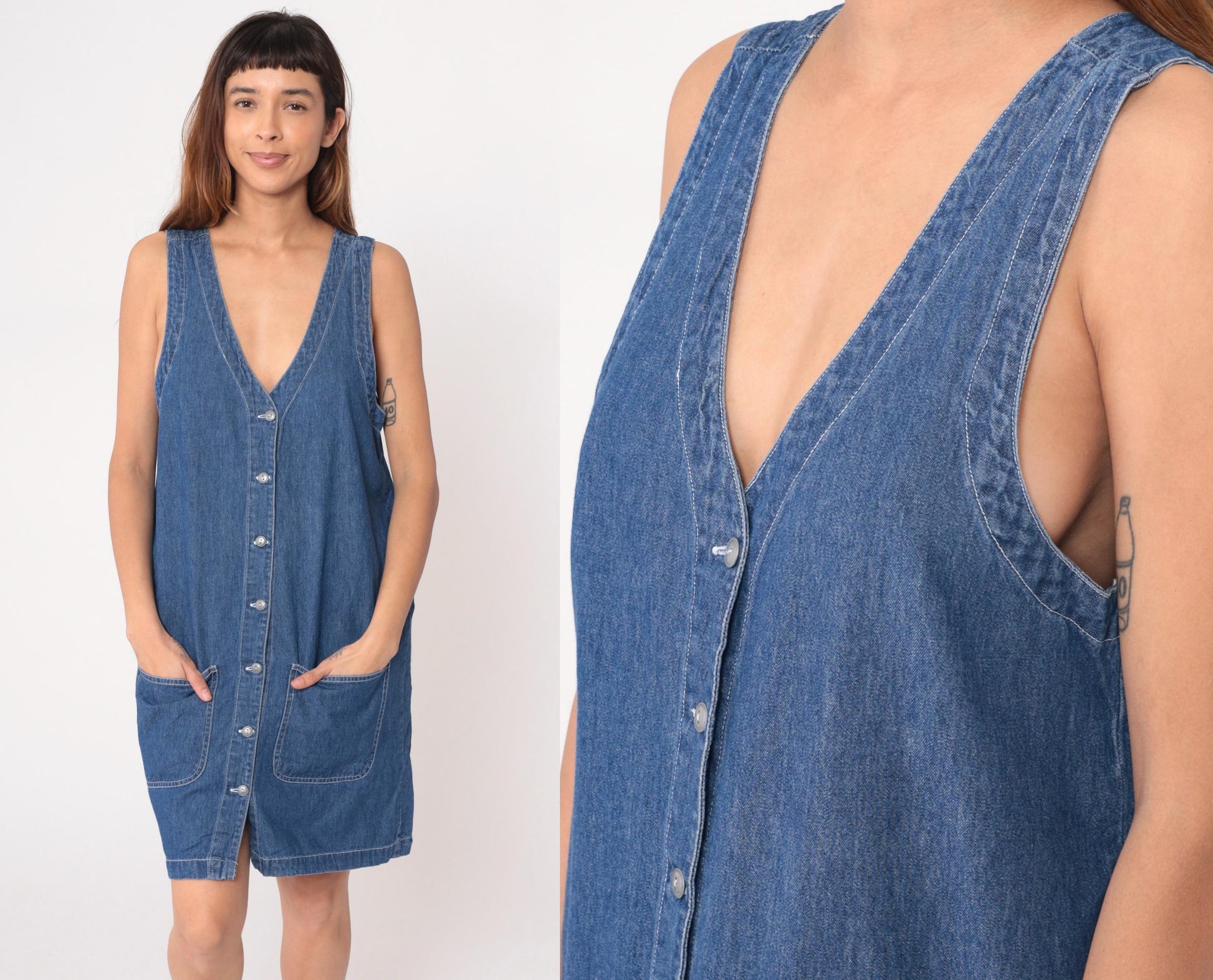 90s Northwest Blue Denim Dress Button Front Sleeveless Knee-Length Medium M