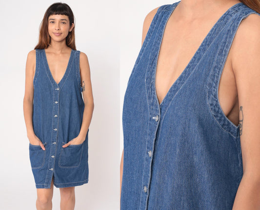 90s Northwest Blue Denim Dress Button Front Sleeveless Knee-Length Medium M