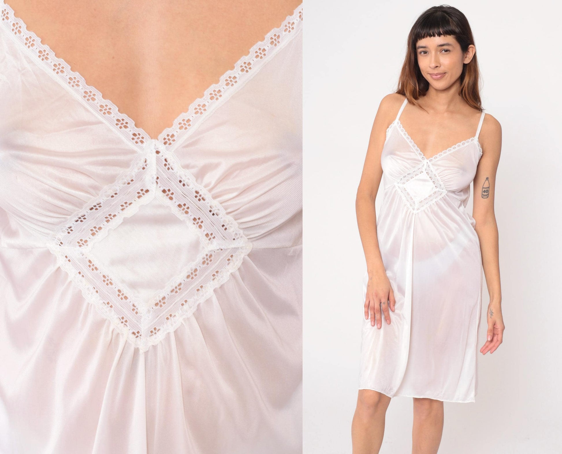 80s White Lace Slip Dress V-Neck Eyelet Knee-Length Nightgown Small