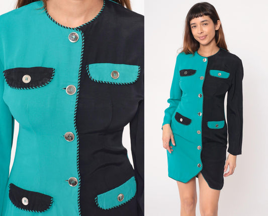 90s Sarah Taylor Colorblock Dress Teal Black Button Front Knee Length Small