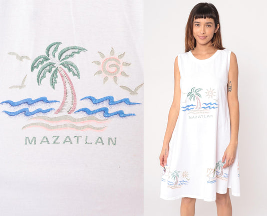 90s Mazatlan Mexico Embroidered White Cotton Shift Dress Large