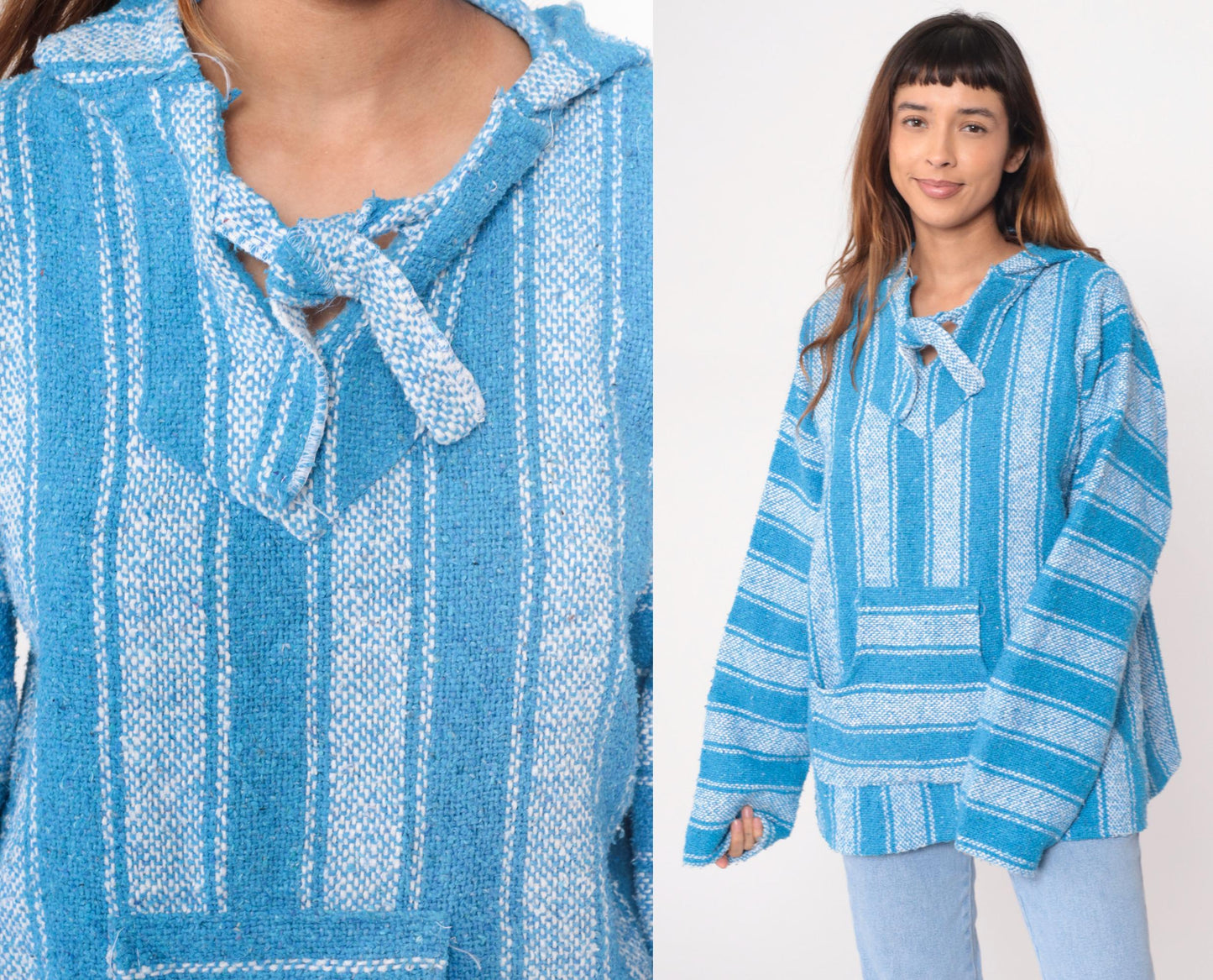 90s Blue White Striped Baja Hoodie Pullover Kangaroo Pocket Large
