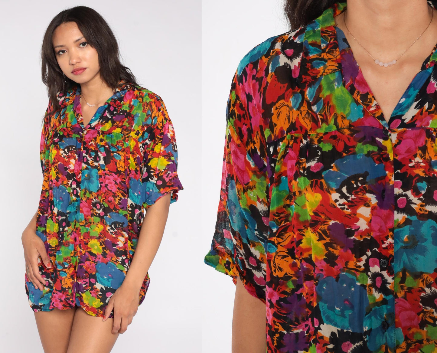 90s Whistles Abstract Floral Shirt Multi-Color Short Sleeve Cotton Blend Medium M