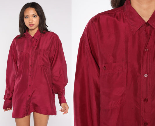 90s Bogari Burgundy Silk Button-Up Shirt Large L