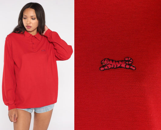 80s LeTigre Red Polo Shirt Long Sleeve Embroidered Logo Extra Large XL