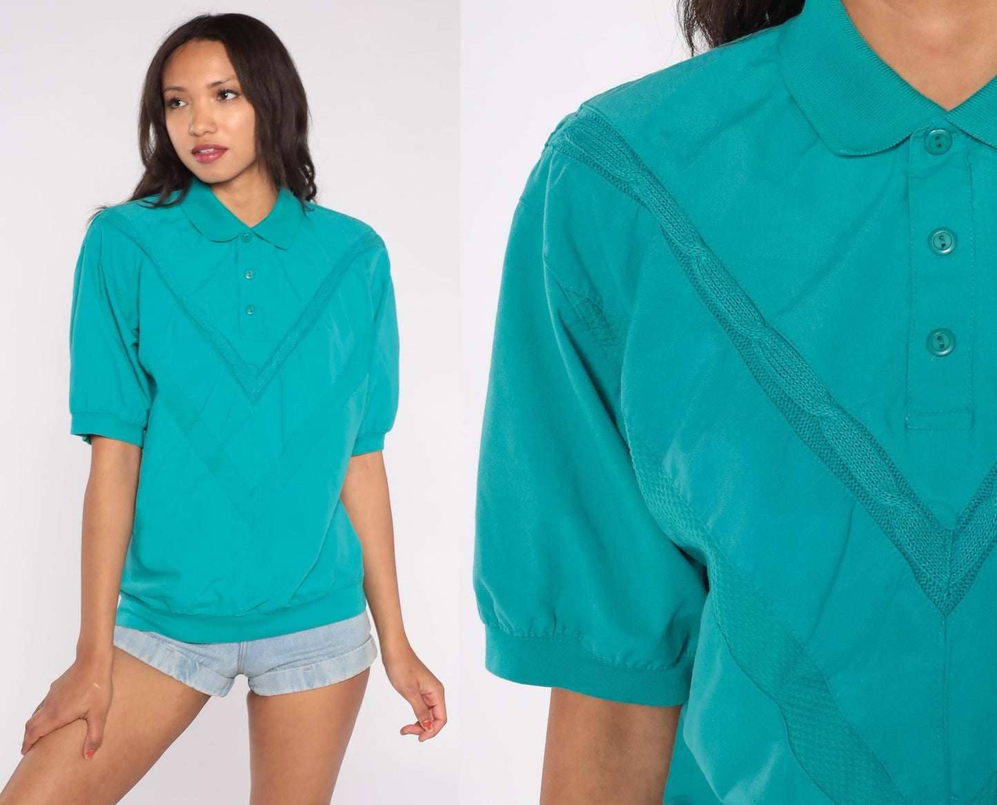 90s Teal Textured Polo Shirt Collared Short Sleeve Button Front Medium