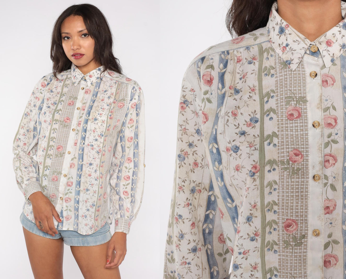 90s Floral Striped Cotton Blend Blouse Pink Blue Sage Cream Medium M
