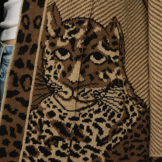 80s Romaye Leopard Cardigan Tan Striped Wool Blend Small S
