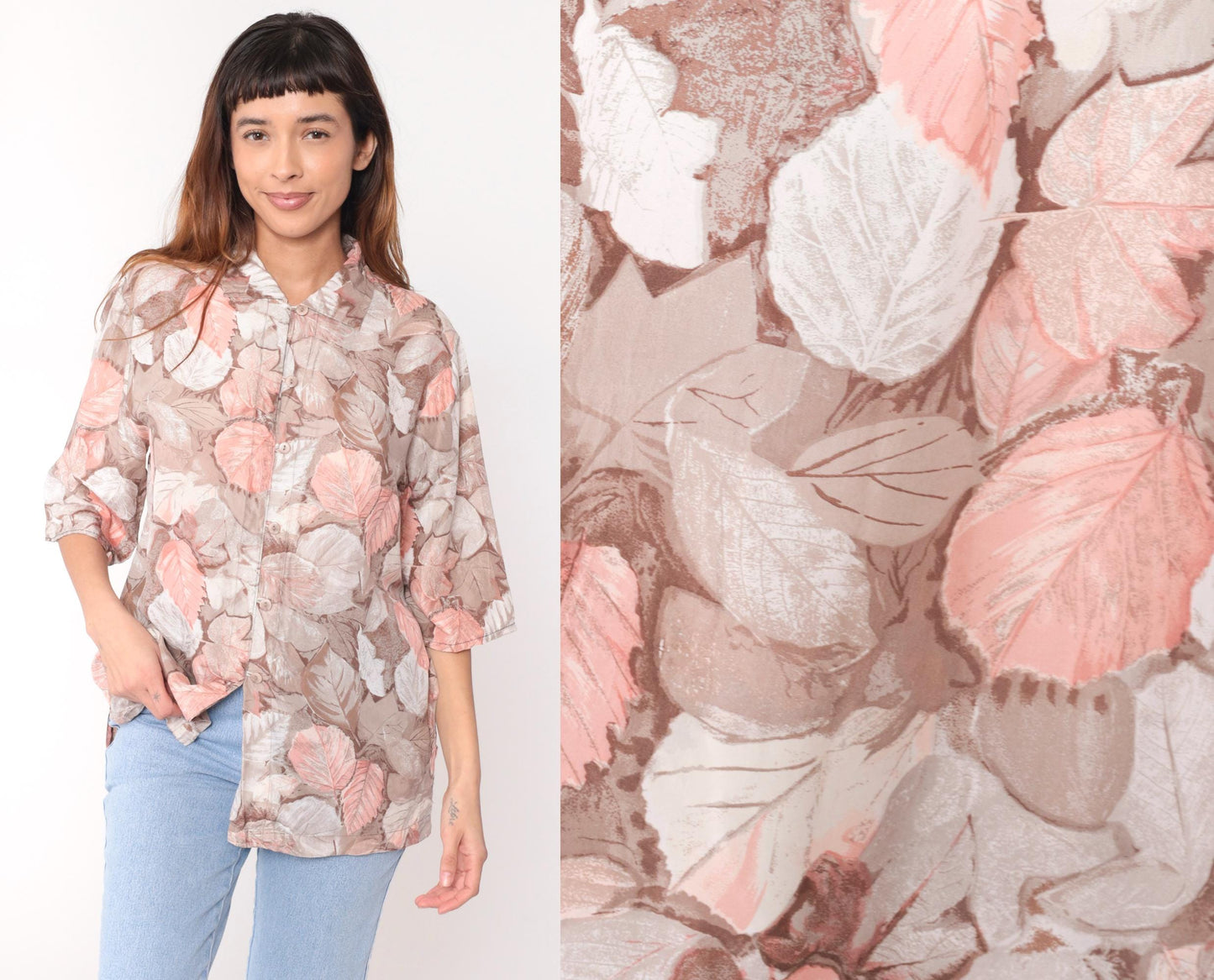 90s Silk Leaf Botanical Blouse Pointed Collar Three-Quarter Sleeve Beige Medium M