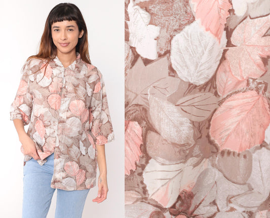 90s Silk Leaf Botanical Blouse Pointed Collar Three-Quarter Sleeve Beige Medium M