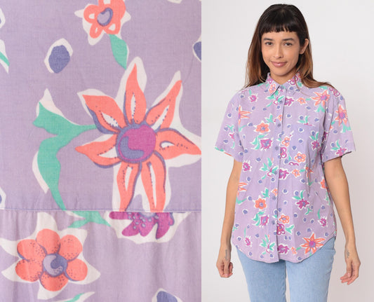 90s Preview International Floral Button-Up Blouse Purple Cotton Medium