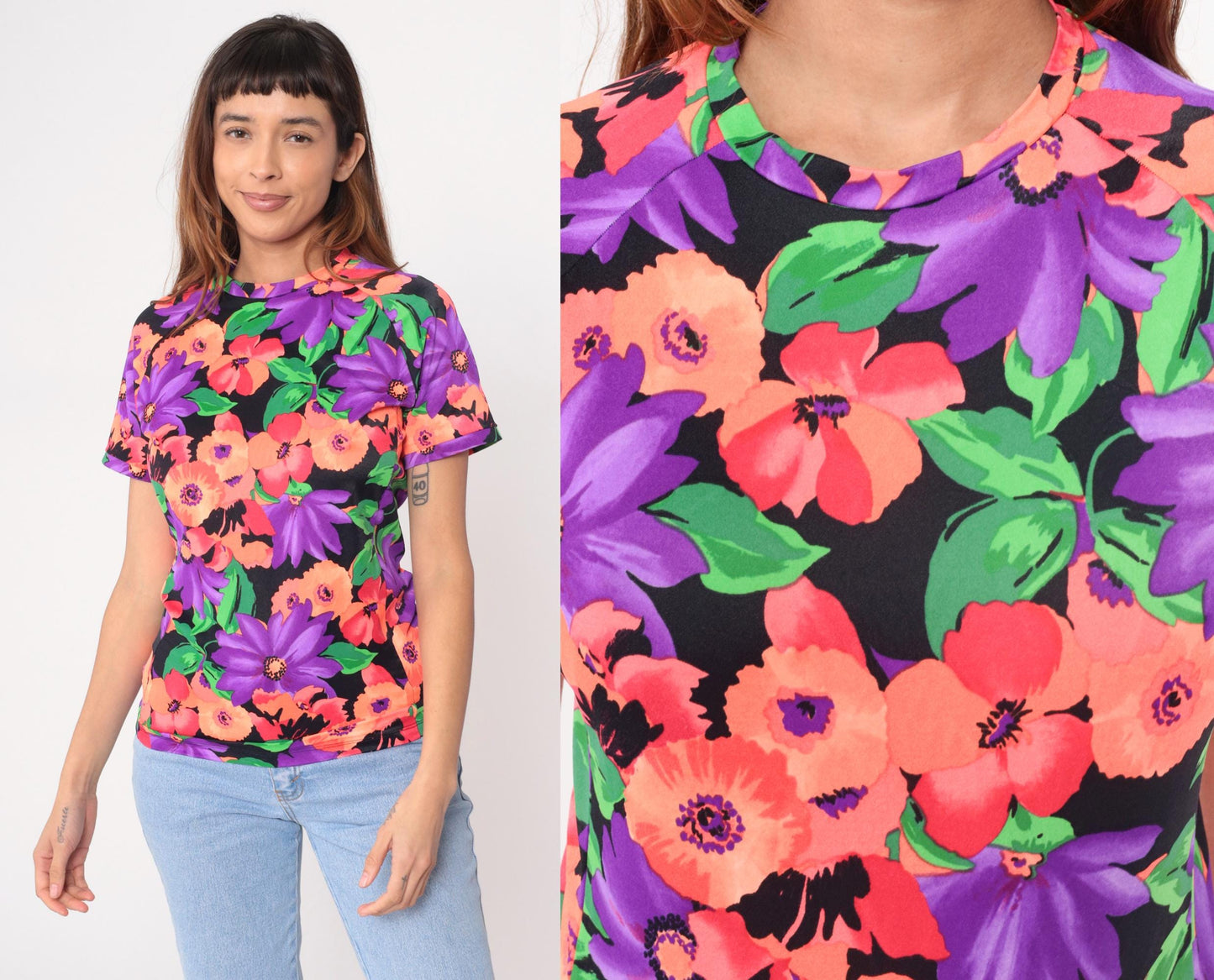 90s Floral T-Shirt Purple Orange Green Black Watercolor Print Fitted Small