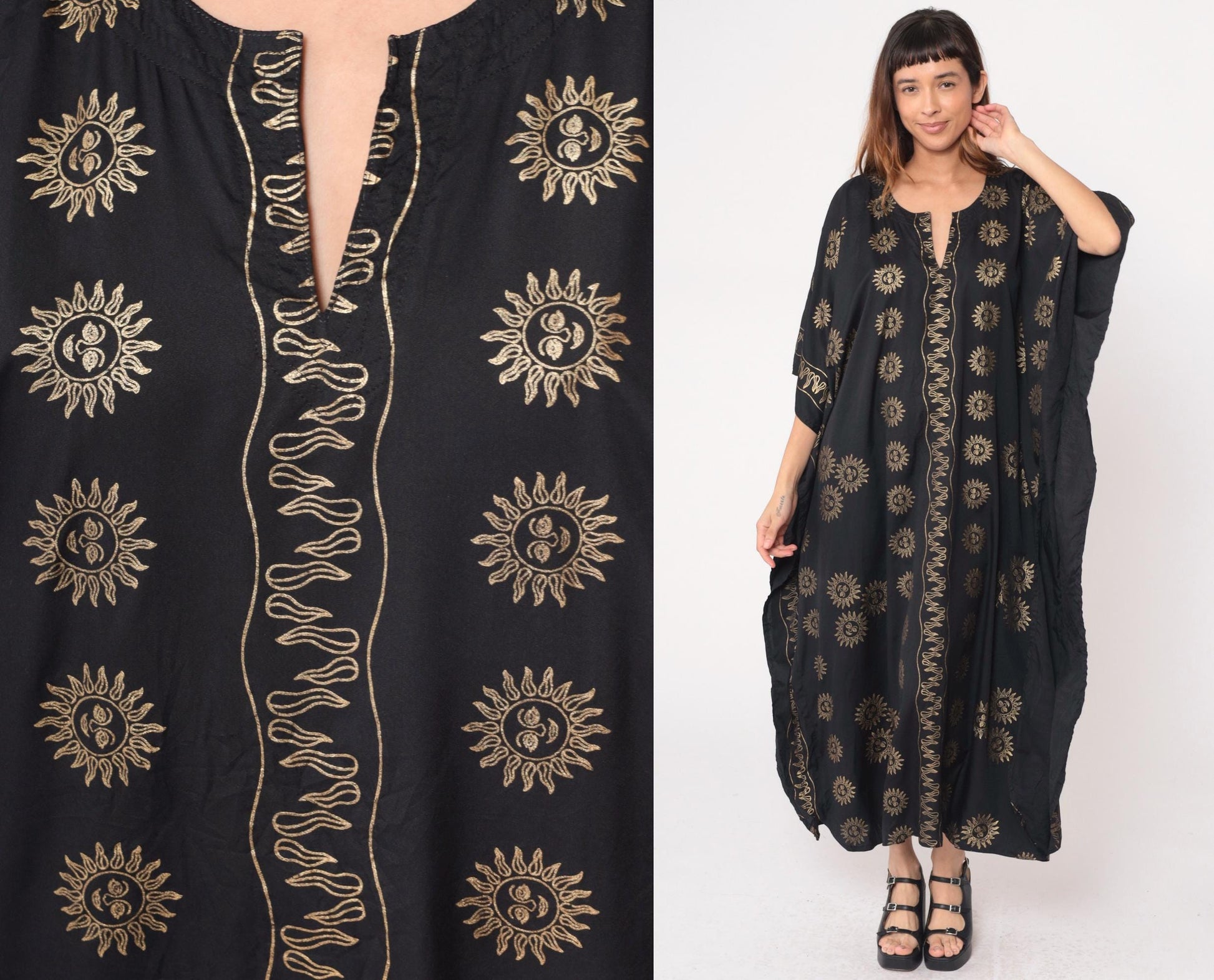 Y2K Black Caftan Sun Yin-Yang Gold Embroidered Kimono Maxi Dress One Size
