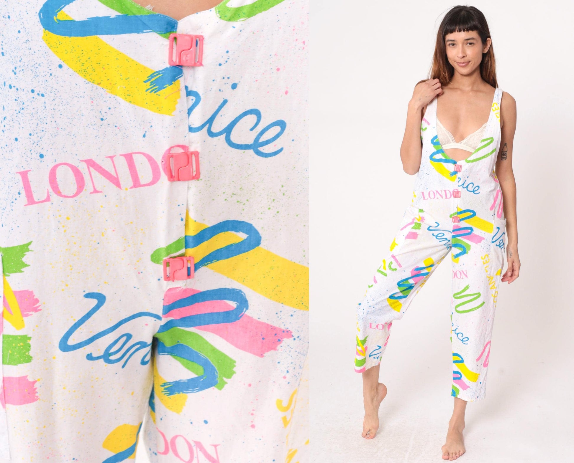 90s White Jumpsuit London Venice Graphic Print Deep V Neck Medium M