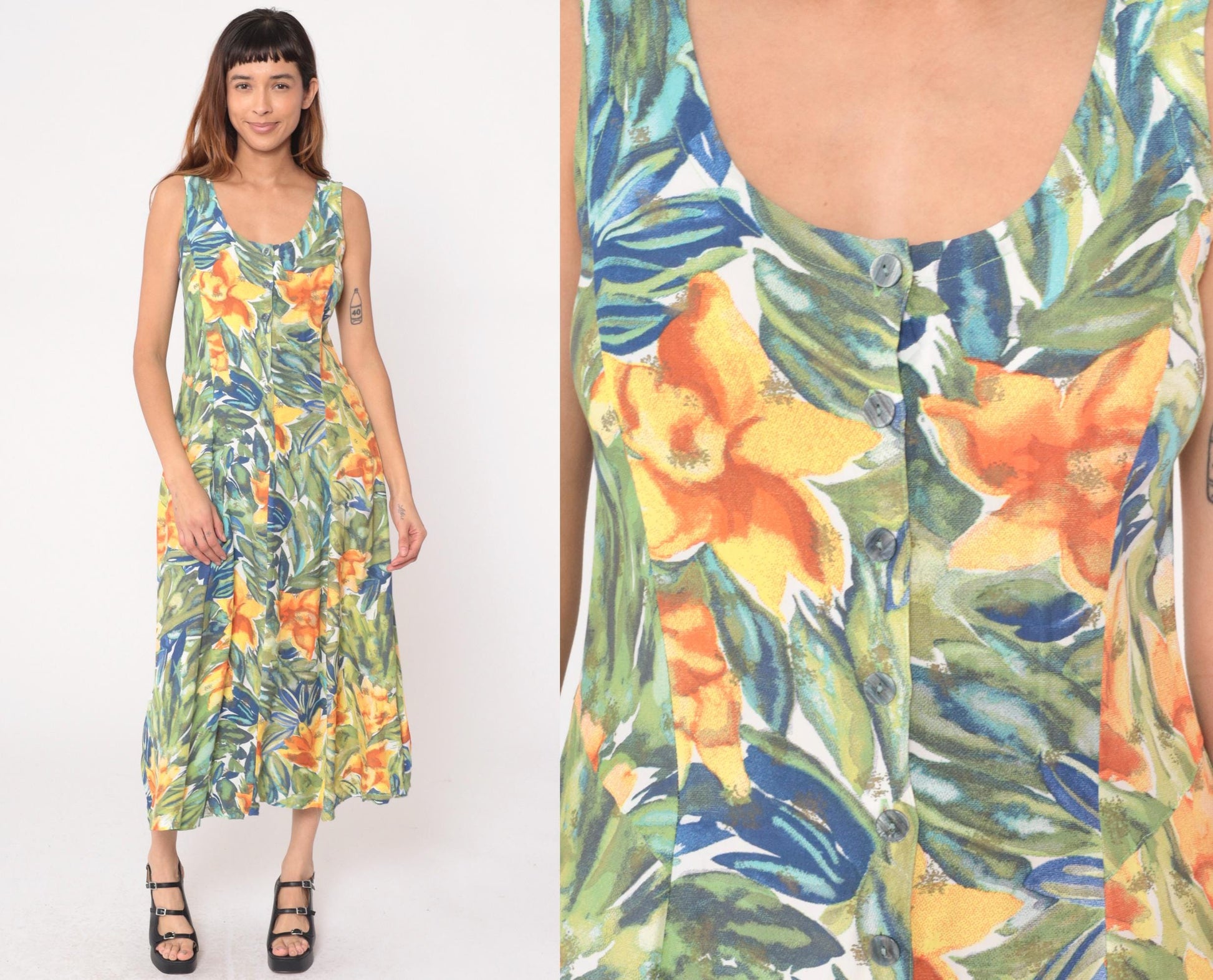 90s The Limited Tropical Floral Maxi Dress Button Front Sleeveless Medium