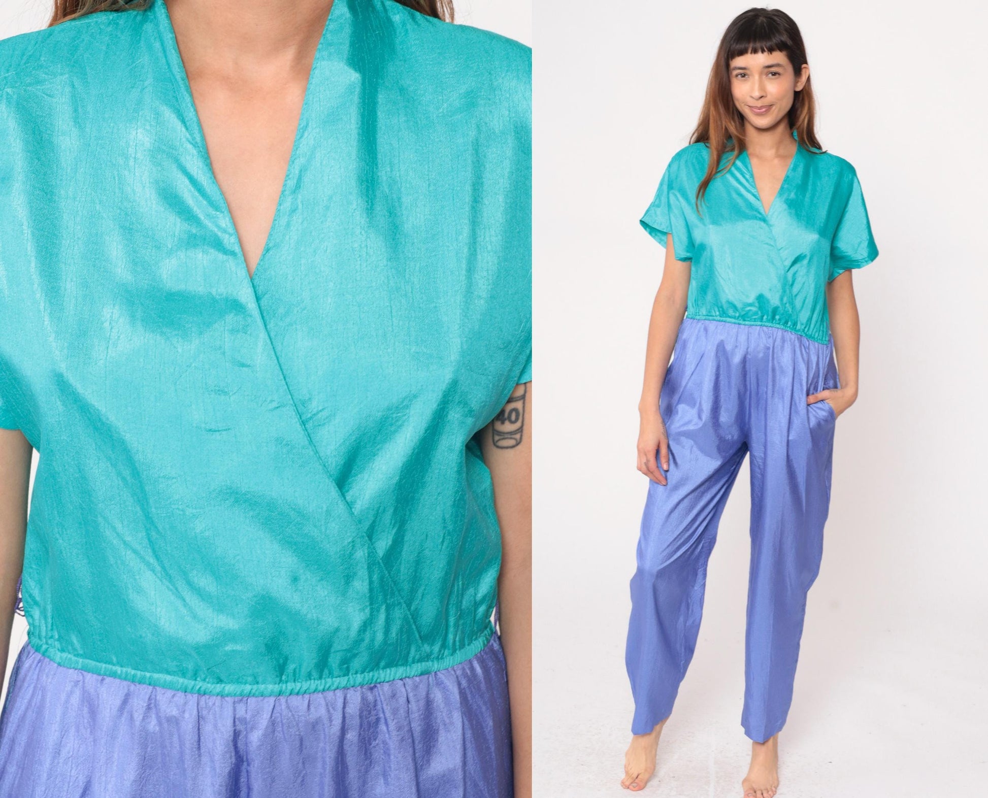 90s Joan Walters Colorblock Jumpsuit Teal Purple Wrap V-Neck Medium M