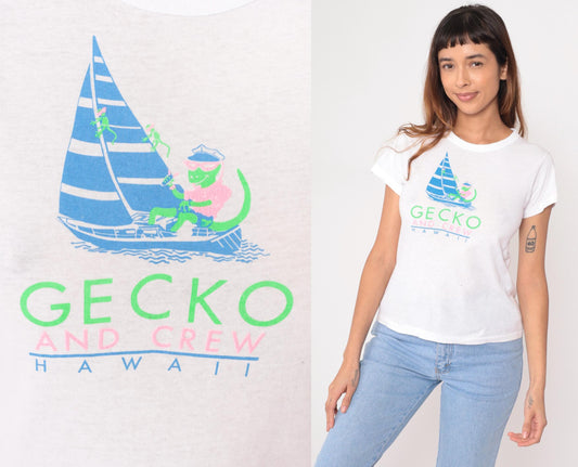 80s Gecko Sailboat Hawaii Graphic Tee White Cotton Hanes Extra Large XL