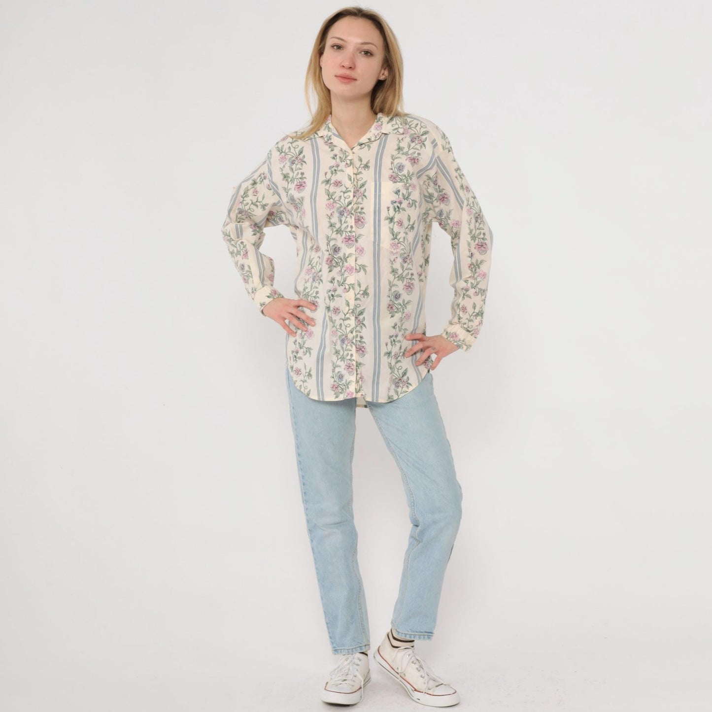90s Pure Love Take Away Floral Button Up Shirt Cream Small S