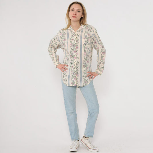90s Pure Love Take Away Floral Button Up Shirt Cream Small S
