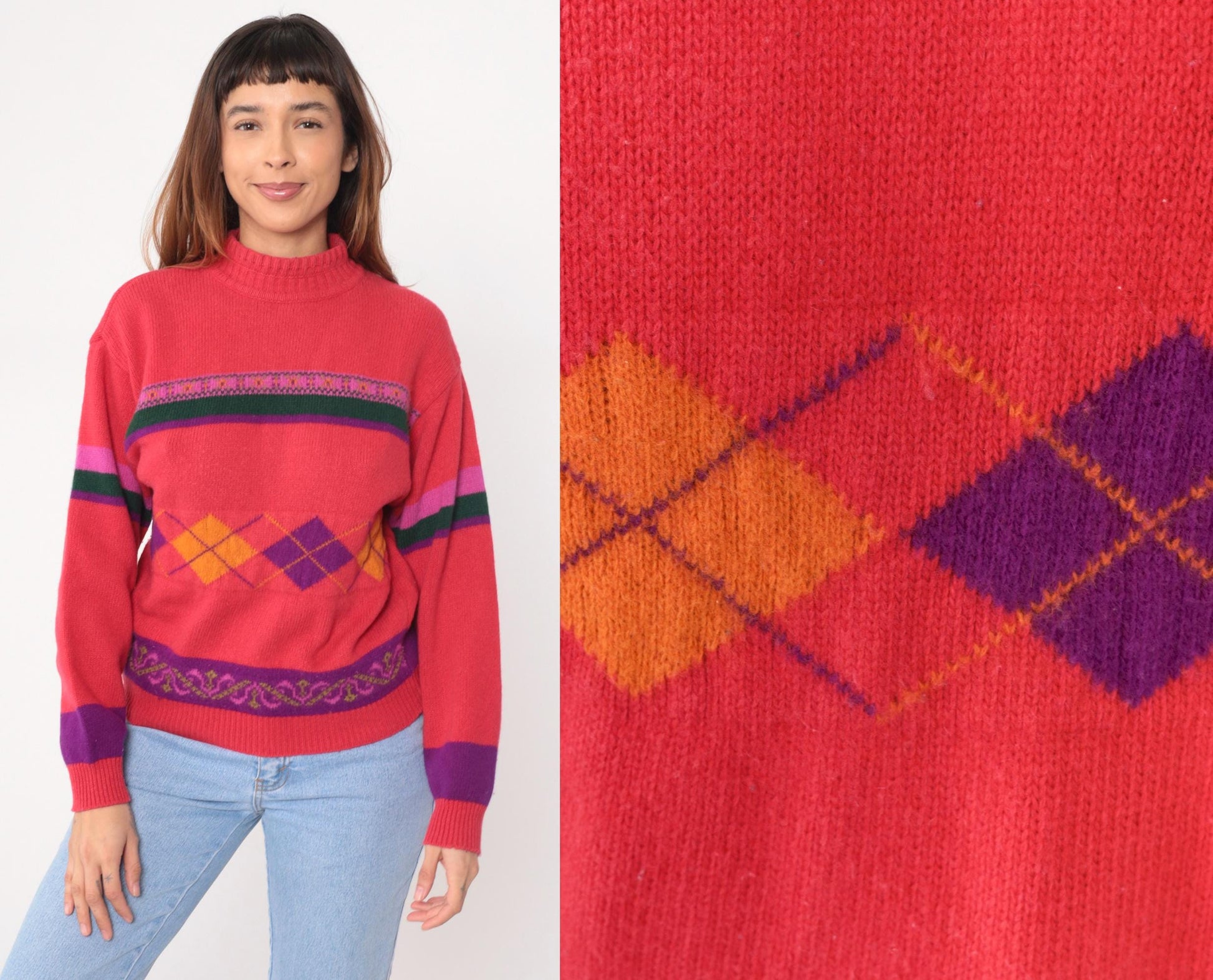 80s United Colors of Benetton Argyle Mock Neck Sweater Coral Pink Small S