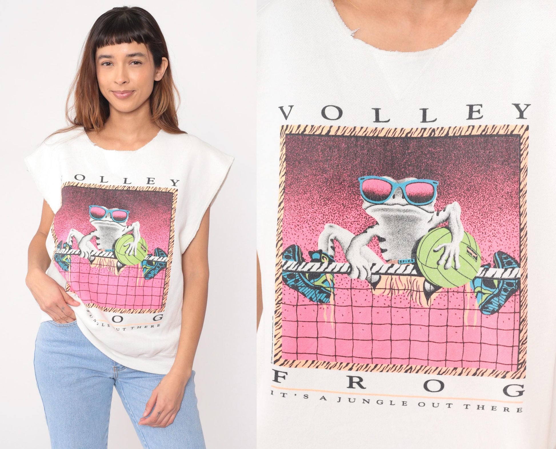 90s Volley Frog Sleeveless Graphic Tee Cream Cotton Crew Neck Large L