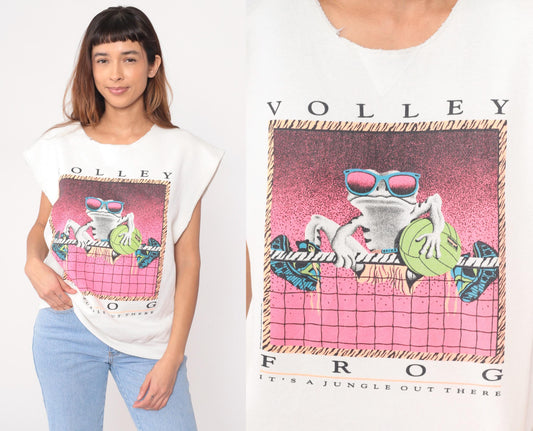 90s Volley Frog Sleeveless Graphic Tee Cream Cotton Crew Neck Large L